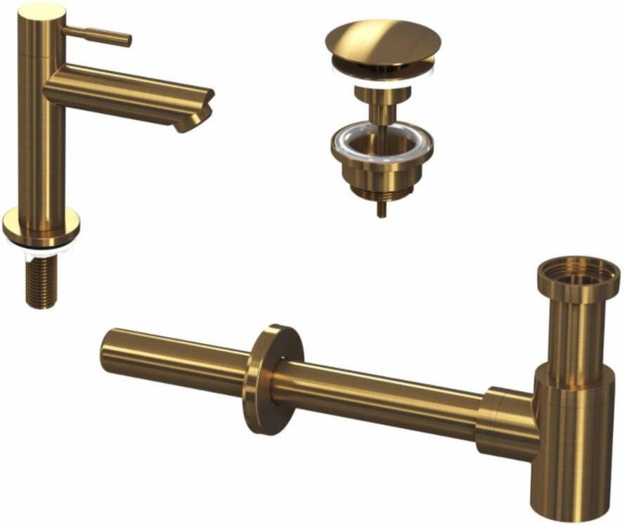 Saqu Tweedekans Huismerk Combi Set 1A Fonteinkraan laag Plug Sifon Brushed Mat Goud 06672