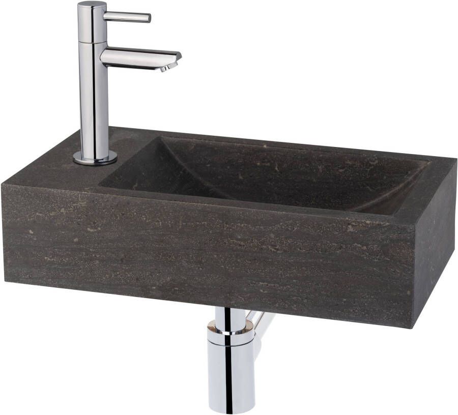 Saqu Nature Collection fonteinset met moderne chromen kraan links natuursteen