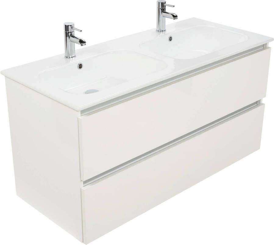Saniselect Guarda meubelset 2 lades met dubbele keramische wastafel greeploos 120cm Glans Wit