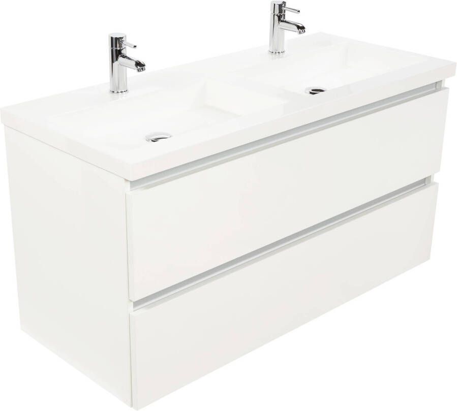 Saniselect Guarda meubelset 2 lades met dubbele mineraalmarmere wastafel greeploos 120cm Glans Wit