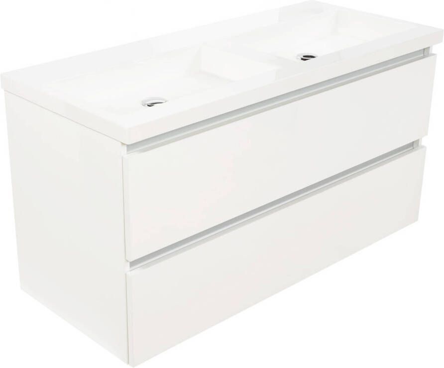 Saniselect Guarda meubelset 2 lades met dubbele mineraalmarmere wastafel greeploos 120cm Glans Wit Zonder Kraangat