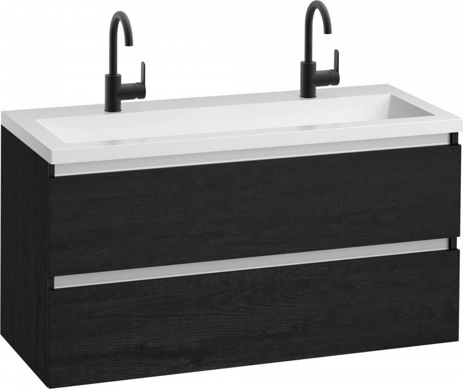 Saqu Gaia voorgemonteerd badmeubel met aluminium greeplijst incl. mat witte wastafel 120x51 5cm eiken zwart