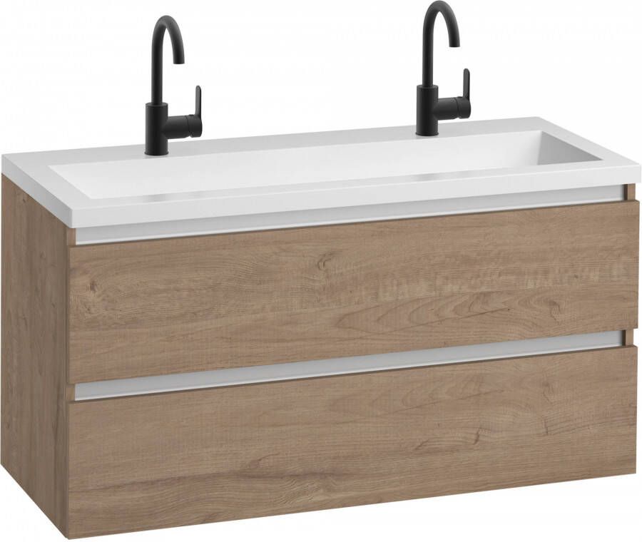 Saqu Gaia badmeubel incl. mat witte wastafel met 2 kraangaten 120x52x64cm toffee aluminium greeplijst