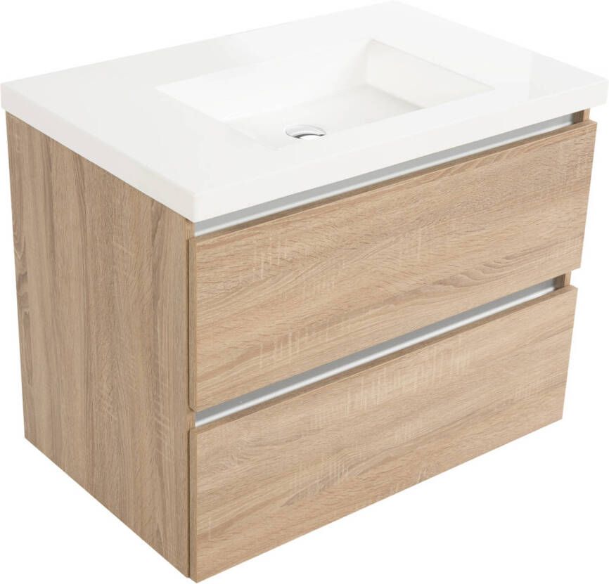 Saniselect Guarda meubelset 2 lades met mineraalmarmere wastafel greeploos 80cm Bardolino Eiken Zonder Kraangat