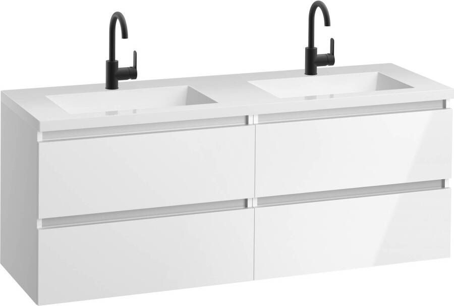Saniselect Guarda meubelset 4 lades met dubbele mineraalmarmere wastafel greeploos 160cm Glans Wit