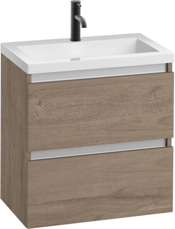 Saqu Gaia voorgemonteerd ondiep badmeubel met aluminium greeplijst incl. wastafel 60x40cm toffee