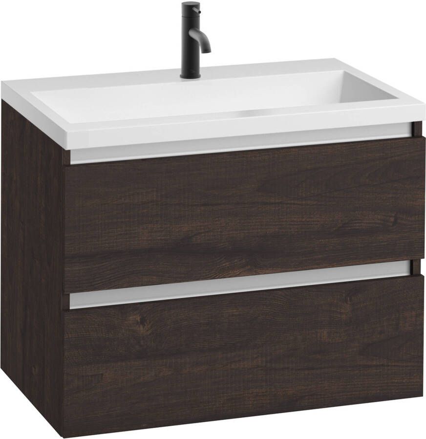 Saqu Gaia voorgemonteerd ondiep badmeubel met aluminium greeplijst incl. wastafel 80x40cm kasteel bruin