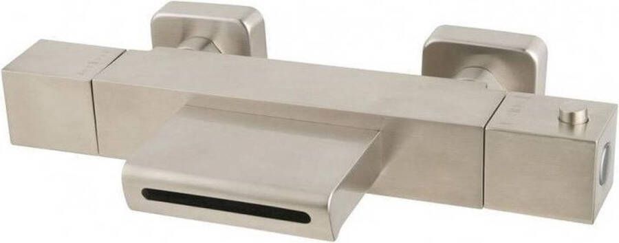 Wiesbaden Badkraan Rombo 15cm Hartafstand Thermostatisch Opbouw Vierkant Geborsteld Staal 2 Greeps met Waterval