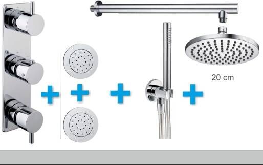 Xellanz Regendoucheset Inbouw Muur Mila 20cm Rond Chroom Thermostaatkraan Handdouche met Massagejets