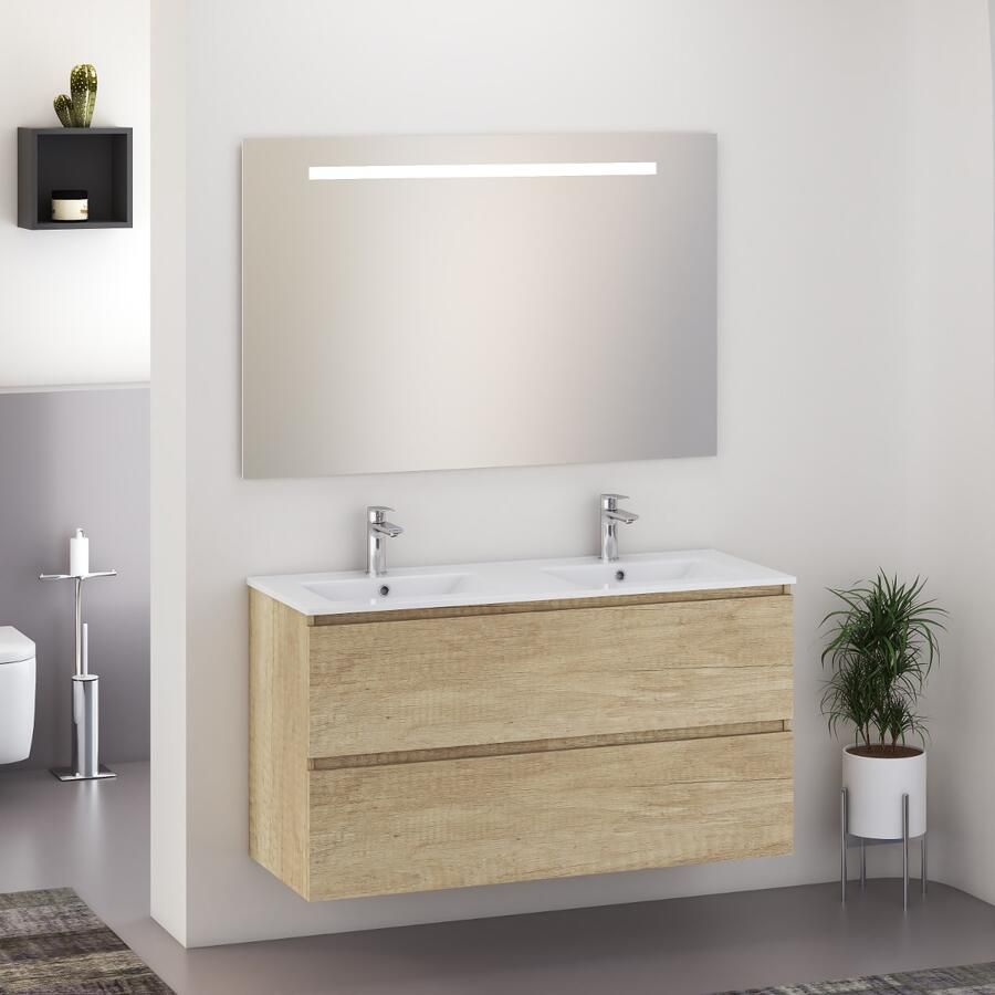 Sanifun badkamermeubel Estevo 120–Nature afwerking | Dubbele wastafel&LED-spiegel
