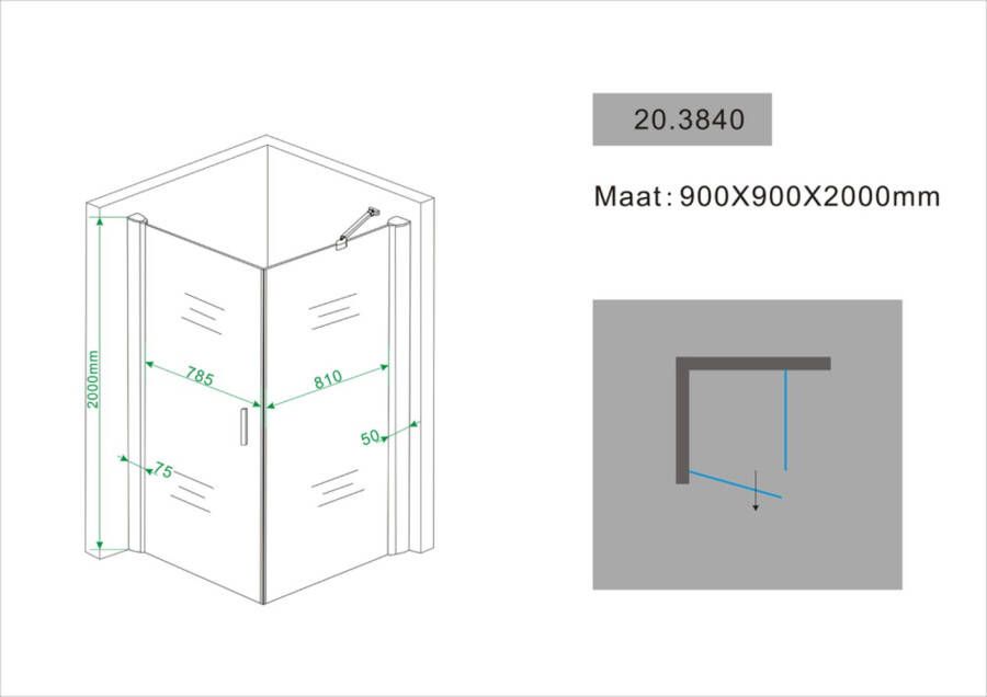 Sanifun Swingdeur + zijwand UNI 900x900x2000 chr.8mm NANO.