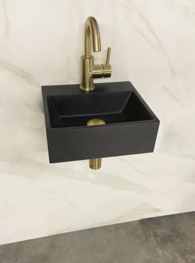 Wiesbaden Fonteinset Leto Rechthoek 33 5x29x11 5cm Keramiek Quartz Zwart Goud Toiletkraan Victoria Sifon Clickwaste Bevestigingsset - Foto 3