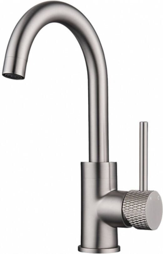 Wiesbaden Wastafelkraan Ribbd Opbouw Laag Mengkraan Rond Geborsteld Staal 1 Greeps Draaibaar Uitloop - Foto 2