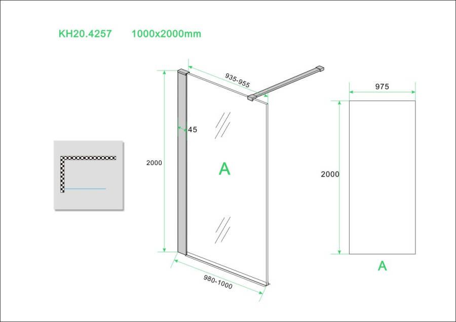 Sanifun Wiesbaden inloopdouche + Safety Glass + ZWART muurprofiel 1000x2000 10mm NANO.