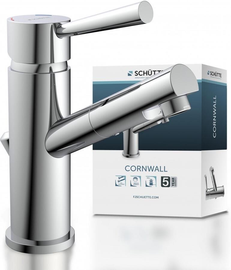 Schütte Cornwall Wastafelmengkraan Chroom–Met Draaibare Uitloop&Afvoerplug