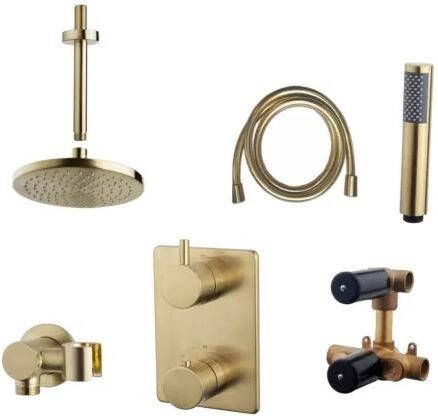 Wiesbaden Caral one-pack complete inbouwthermostaatset met plafondbevestiging met 20 cm hoofddouche geborsteld messing - Foto 5