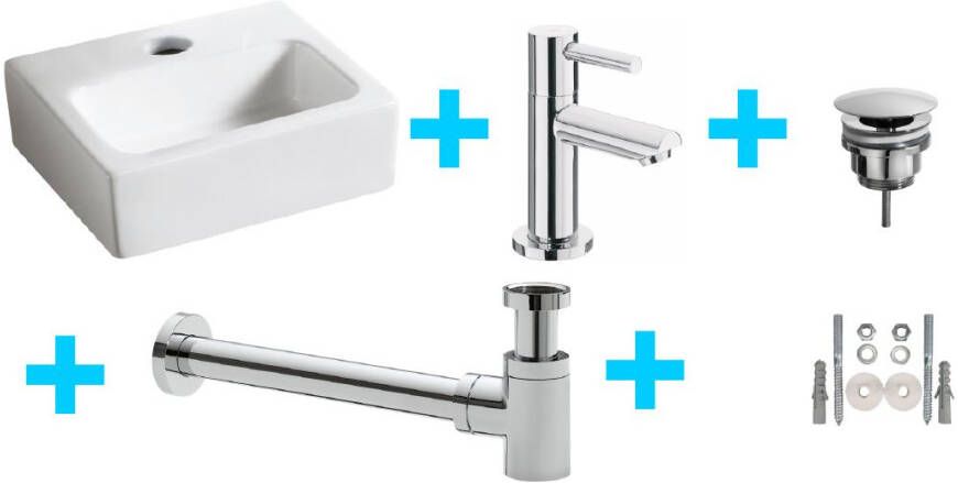 Wiesbaden Fonteinset Leto Rechthoek 32x29x11cm Keramiek Glans Wit Chroom Toiletkraan Amador Sifon Clickwaste Bevestigingsset - Foto 2