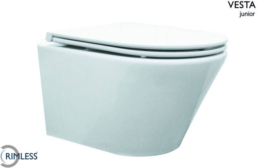 Wiesbaden Vesta-Junior hangend toilet compact 47 cm diepspoel Rimless inclusief Flatline 2.0 zitting met softclose en quickrelease wit - Foto 4