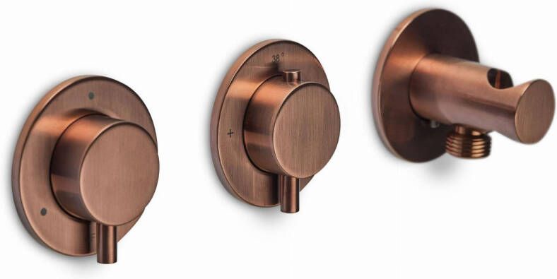 BLUE LABEL Brondby inbouwthermostaat met 3-weg omstelling inbouw + afbouwdeel ronde rozetten 1 2"aansluiting geborsteld brons