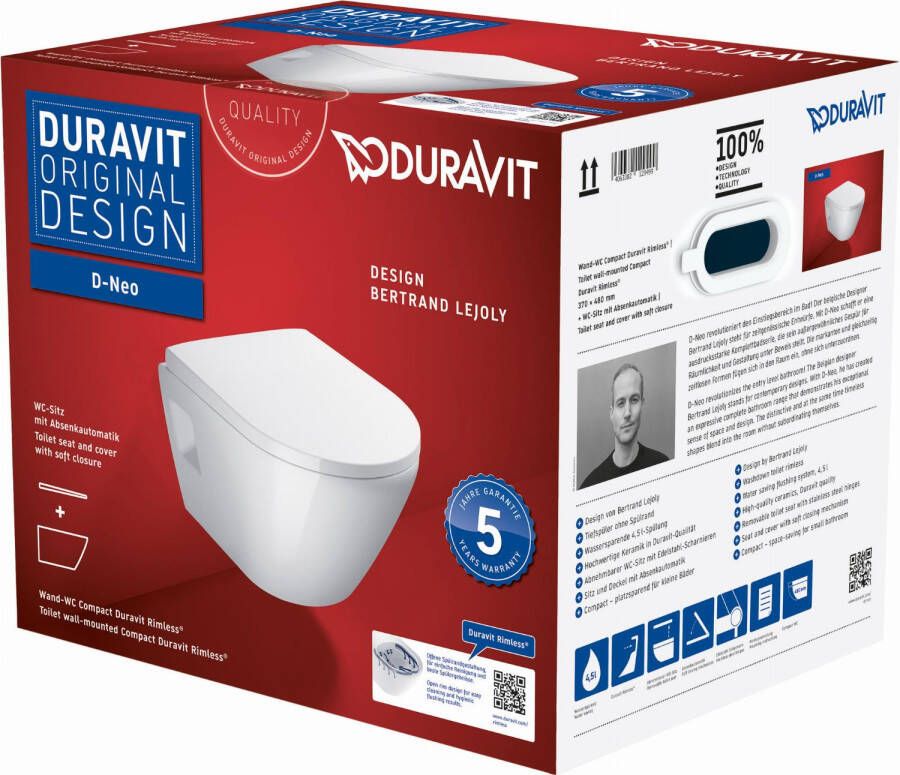 DURAVIT D-Neo wandcloset compact rimless pack 370x480x400mm. Met rimless diepspoel closet wc zitting afneembaar en softclose wit - Foto 2