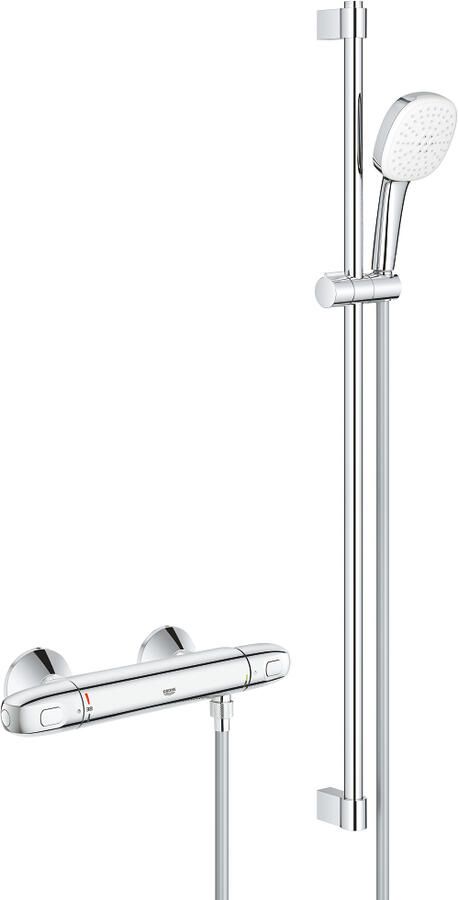 Grohe Grohtherm 1000 Doucheset thermostatische douchekraan met glijstangset 90cm vierkante handdouche 3 straalsoorten gladde doucheslang chroom 34824005
