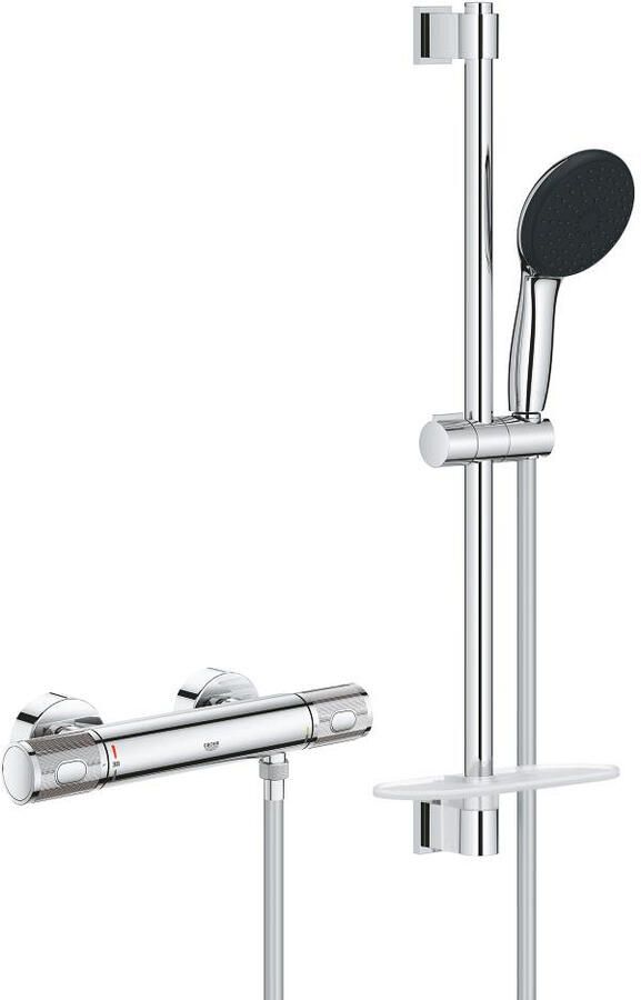 Grohe Precision Feel Doucheset thermostatische kraan met glijstangset 60cm ronde handdouche 3 straalsoorten gladde doucheslang chroom 34791001