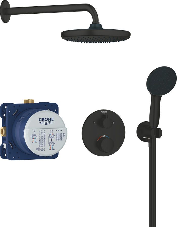 GROHE Precision showerset compleet m. handdouche 11cm m. 2 straalsoorten en hoofddouche 25cm m. inbouw douchekraan therm. rond m. omstel mat zwart 348832430
