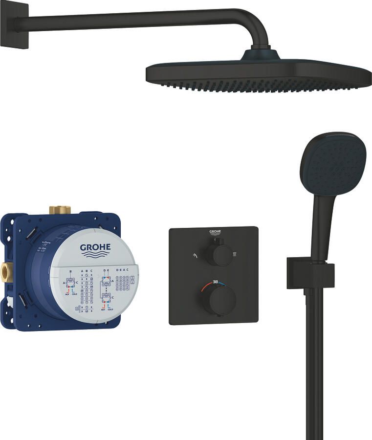 Grohe Precision showerset compleet m. handdouche ø11cm m. 2 straalsoorten en hoofddouche 25x25cmm. inbouw douchekraan therm. vierkant m. omstel mat zwart 348822430