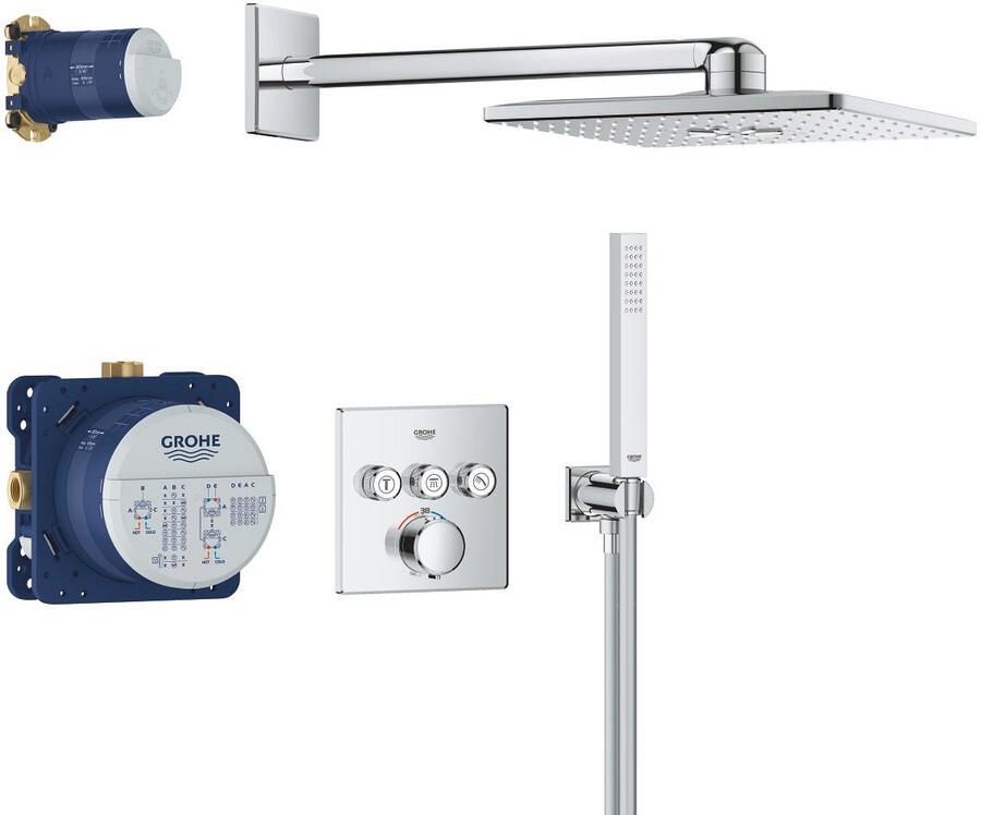 GROHE Precision Smart Control showerset compleet m. handdouche stick m. 1 straalsoort en hoofddouche 31x31cm m. inb. douchekraan therm. vierkant m. 3 functies chroom 34875000