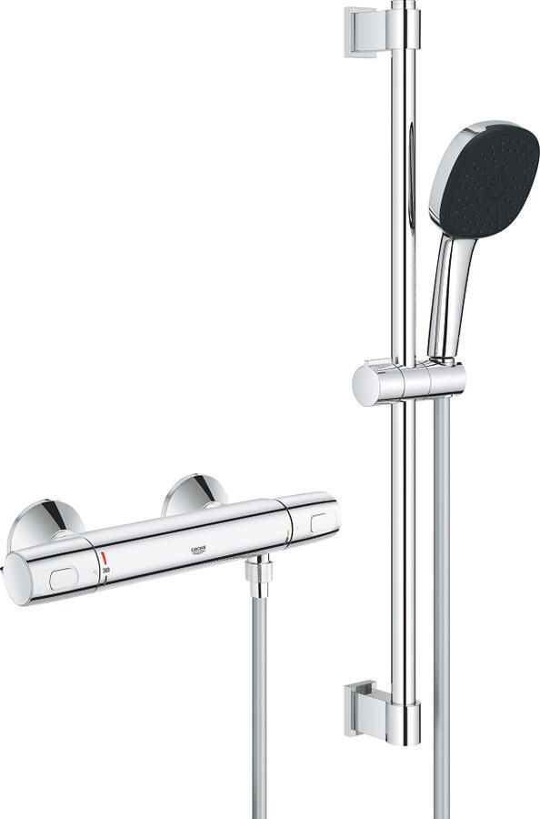 Grohe Precision Trend Doucheset thermostatische douchekraan met glijstangset 60cm vierkante handdouche 1 straalsoort gladde doucheslang chroom 34237003