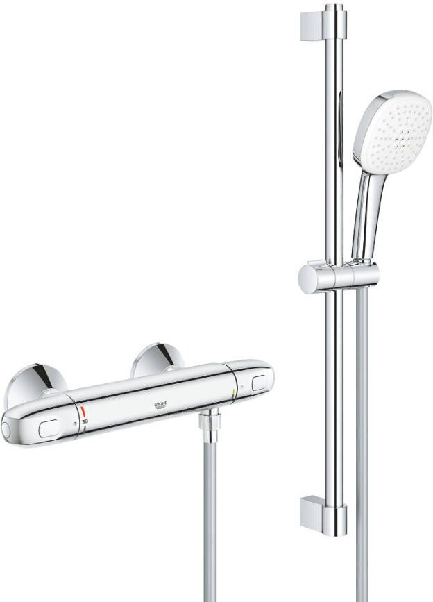 Grohe Grohtherm 1000 Doucheset thermostatische douchekraan met rozetten met glijstangset 60cm vierkante handdouche 2 straalsoorten gladde doucheslang chroom 34820005
