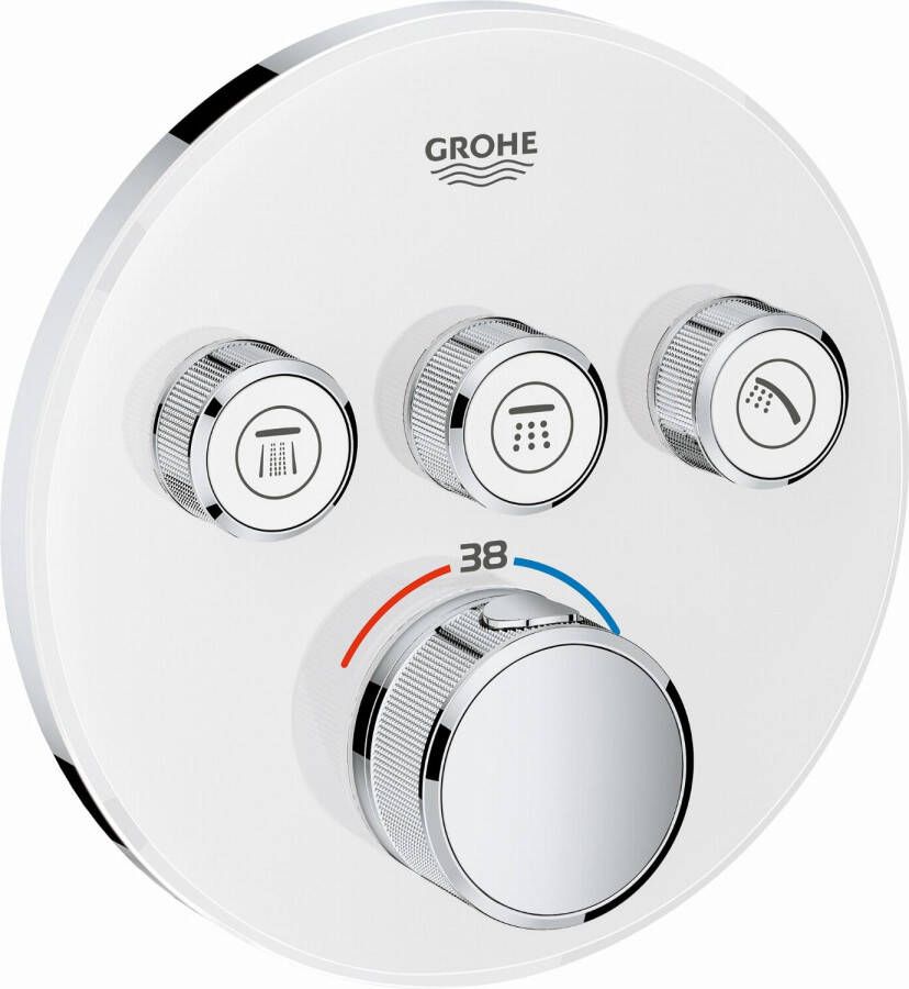 GROHE Grohtherm Smartcontrol opbouwdeel thermostatisch rond wand eengreeps met 3x omstelinrichting glas moon white