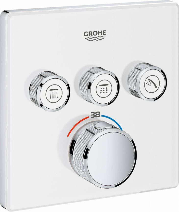 GROHE Grohtherm Smartcontrol opbouwdeel thermostatisch vierkant wand eengreeps met 3x omstelinrichting glas moon white