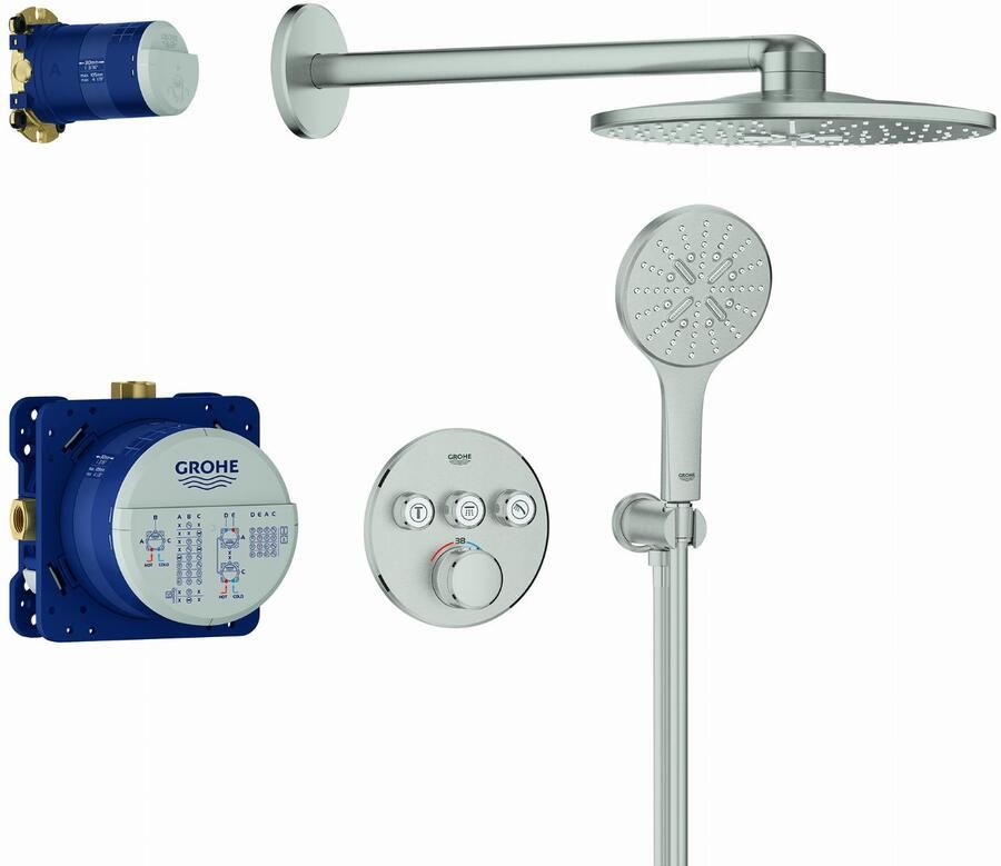 GROHE PROFESSIONAL Grohe Grohtherm SmartControl comfortset m. afbouwdeel rond v. inb. douchekraan therm. + SmartBox m. hoofddouche 310 en handdouche supersteel 34863DC0