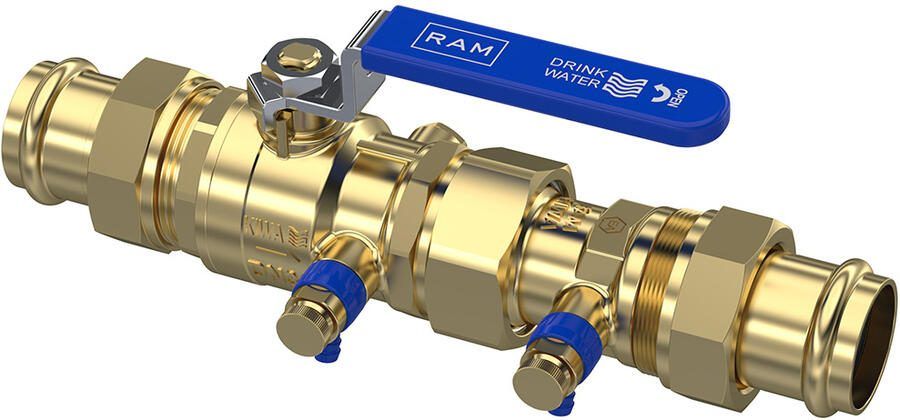 RAMINEX terugstroombeveiliging TBE-EA 35 x 35 mm Viega Profipress DN32 PN10 met kogelafsluiter en aftapper rvs hendel drinkwater Kiwa 283300