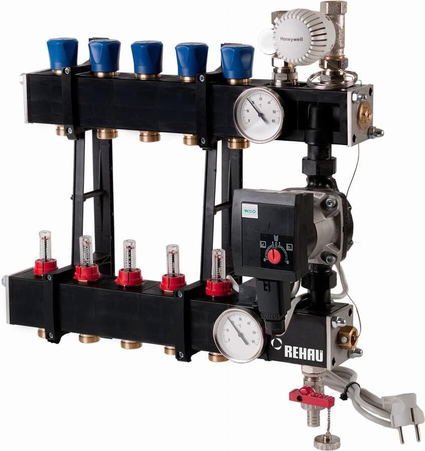 REHAU 3001 ESP vloerverwarming verdeler kunststof: 750x480x170mm 3 4" 10 groepen energiezuinige pomp en debietmeters 0-300 l h 13757011001