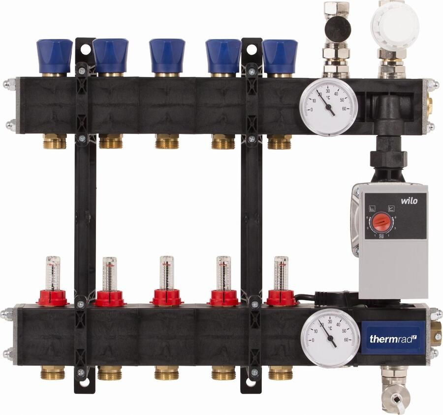 THERMRAD LTV composiet Vloerverwarming verdeler 10-groeps dubbel afsluitbaar met energiezuinige pomp en flowmeters