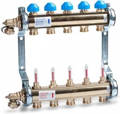 THERMRAD messing Vloerverwarming verdeler 11 groeps. Inclusief eindset en flowmeters. Zonder pomp