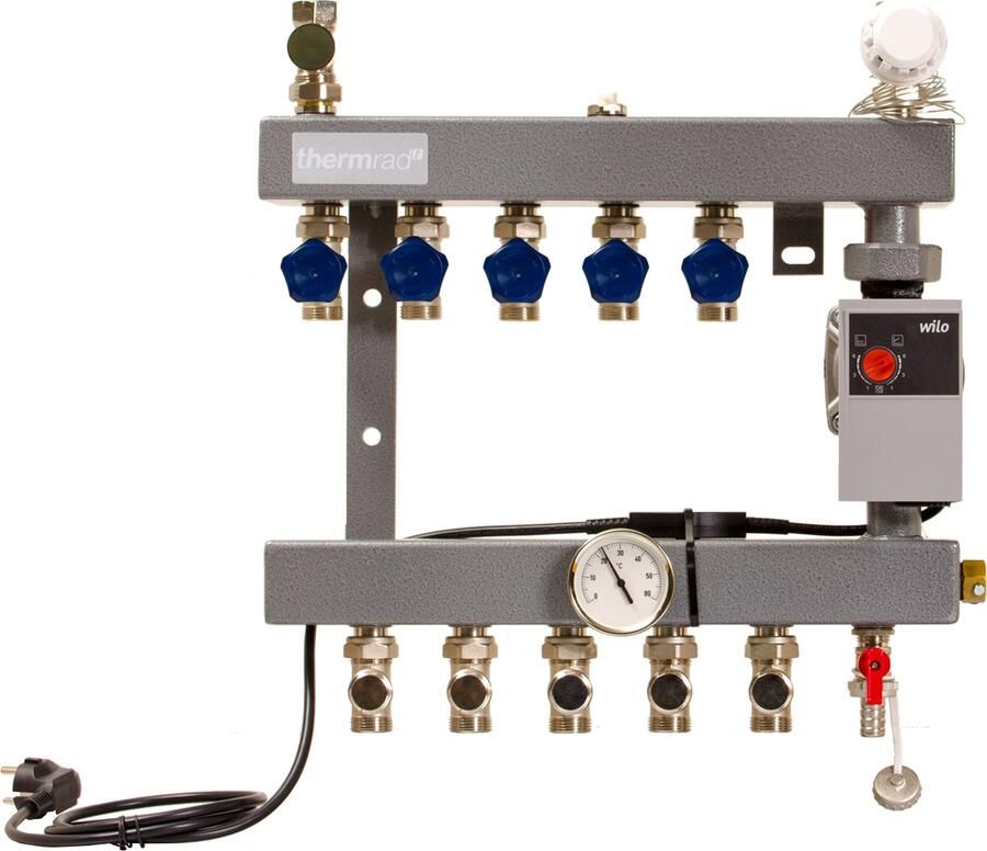 THERMRAD VD standaard Vloerverwarming verdeler 3-groeps dubbel afsluitbaar met energiezuinige pomp