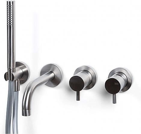 Bongio Squadra Inbouw wand badmengkraan 16cm uitloop incl. handdoucheset en 2-weg omstel met installatiebrug geborsteld nikkel BO32550NS1ADPRLV