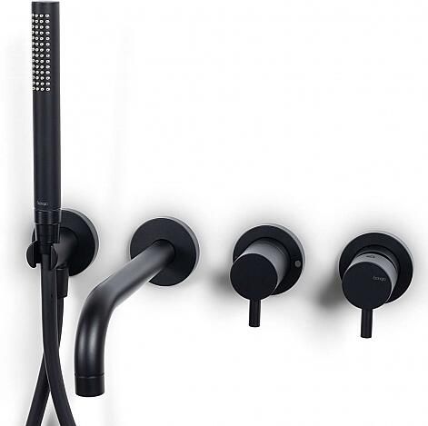 Bongio Squadra Inbouw wand badmengkraan 22cm uitloop incl. handdoucheset en 2-weg omstel met installatiebrug zwart BO32550NE2ADPRLV