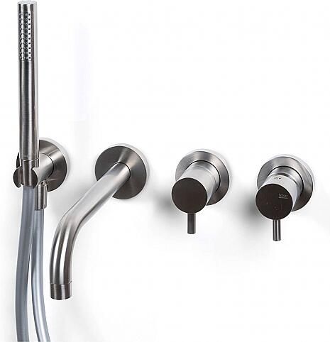Bongio Squadra Inbouw wand badmengkraan 22cm uitloop incl. handdoucheset en 2-weg omstel met installatiebrug geborsteld nikkel BO32550NS2ADPRLV