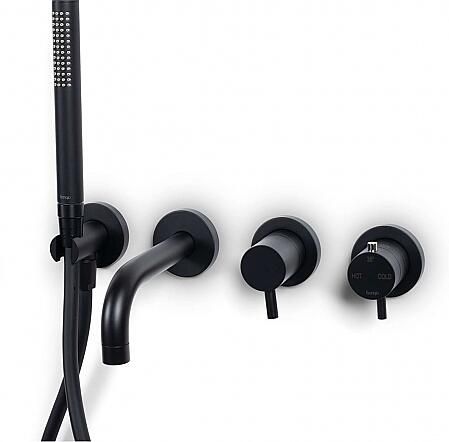 Bongio Squadra Inbouw wand badthermostaatkraan 16cm uitloop incl. handdoucheset en 2-weg omstel met installatiebrug zwart BO32440NE16ADPRLV