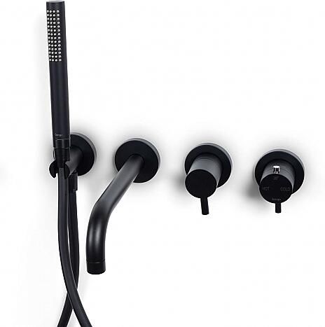 Bongio Squadra Inbouw wand badthermostaatkraan 22cm uitloop incl. handdoucheset en 2-weg omstel met installatiebrug zwart BO32440NE22ADPRLV