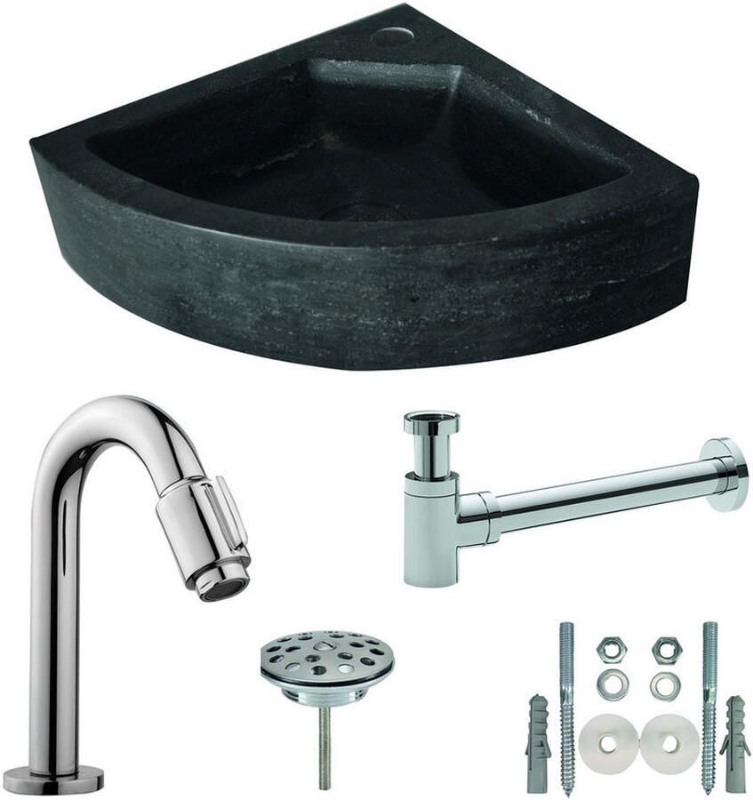 Italy Sanitair One Pack Raw hardstenen hoekfontein 30x30x10 compleet 39.3603