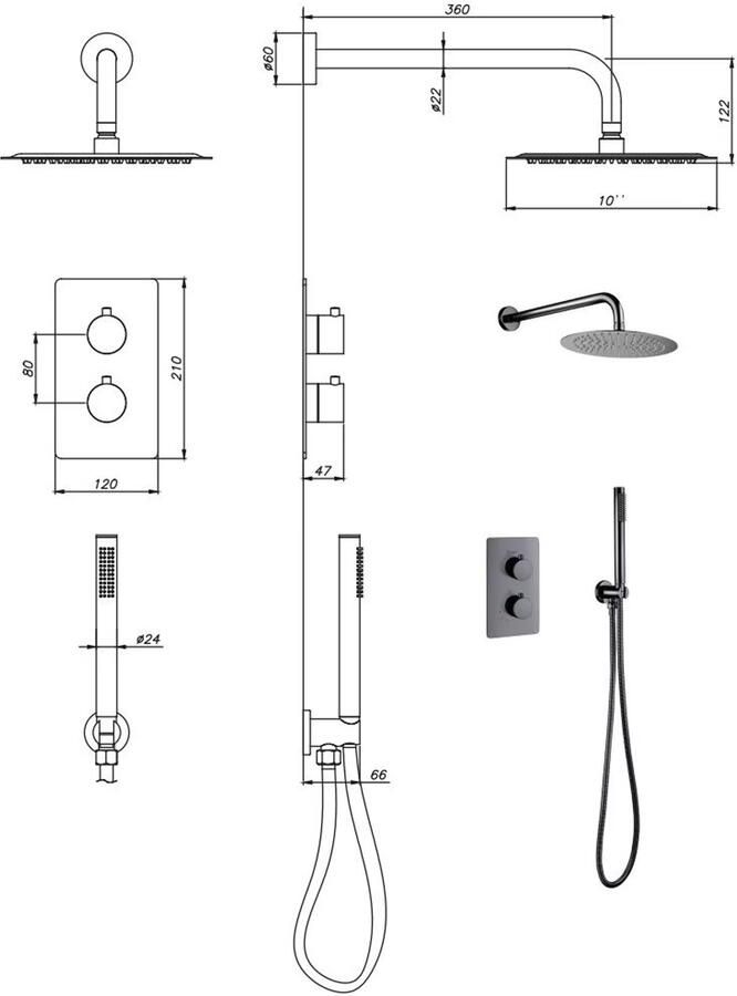 Aloni Creavit inbouw regendoucheset thermostatisch 2 weg chroom