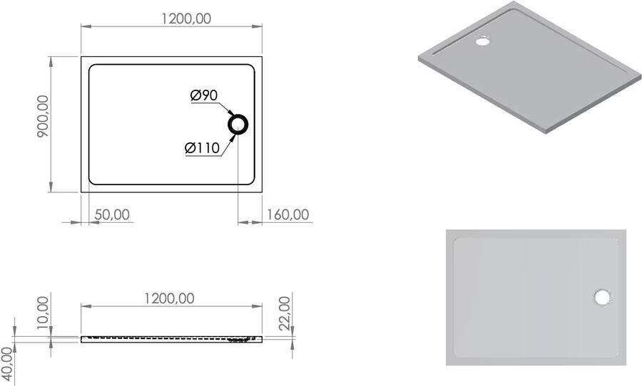 Aloni Douchebak | 120x90x4 cm | Excl.Sifon | Acryl | Rechthoek | Wit