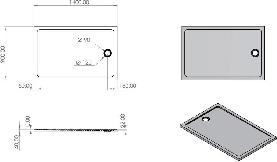 Aloni Douchebak | 140x90x4 cm | Excl.Sifon | Acryl | Rechthoek | Wit