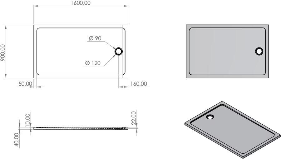 Aloni Douchebak | 160x90x4 cm | Excl.Sifon | Acryl | Rechthoek | Wit