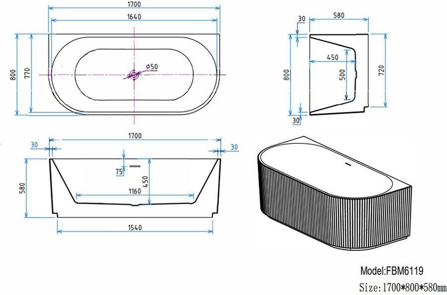 Aloni Half-vrijstaand bad Rondo | 170x80x58 cm | Acryl | Rechts | Mat wit - Foto 2